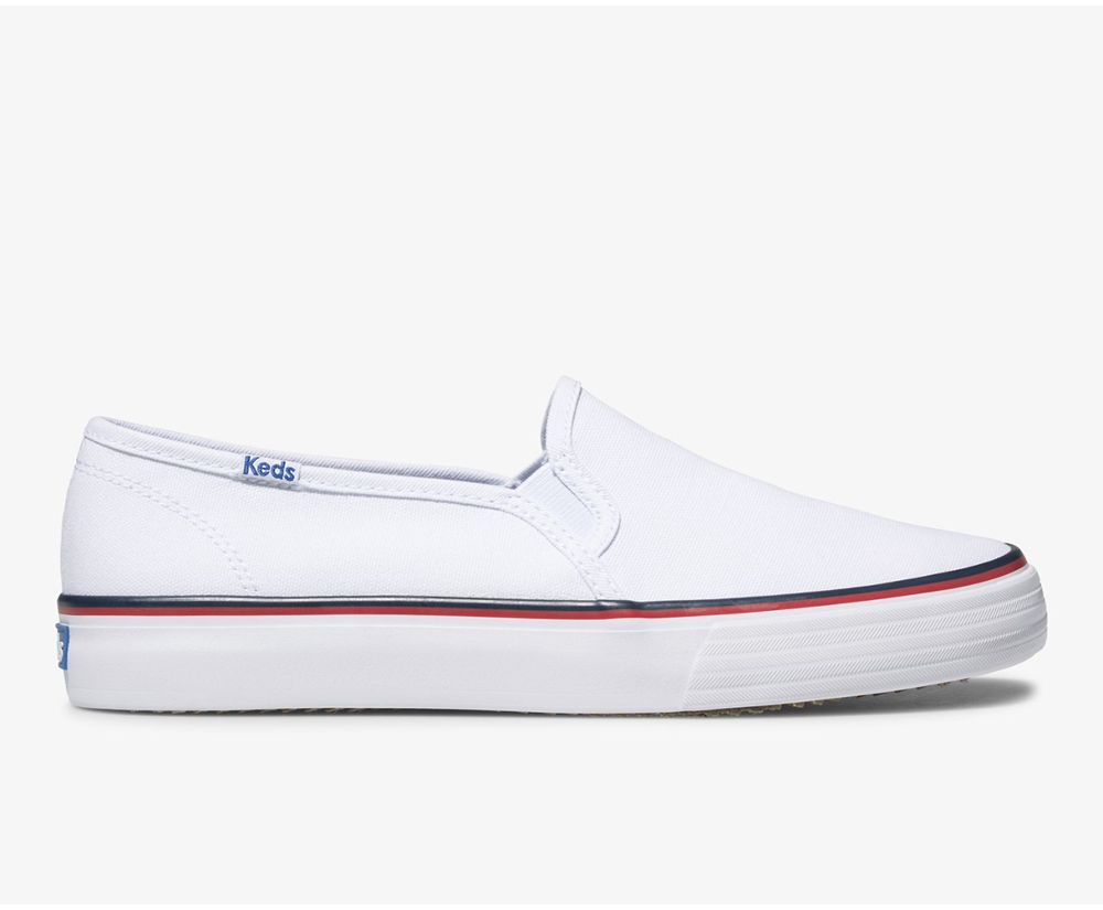 Womens Keds Slip Ons - Washable Double Decker Varsity - White - 7231-ARDNM